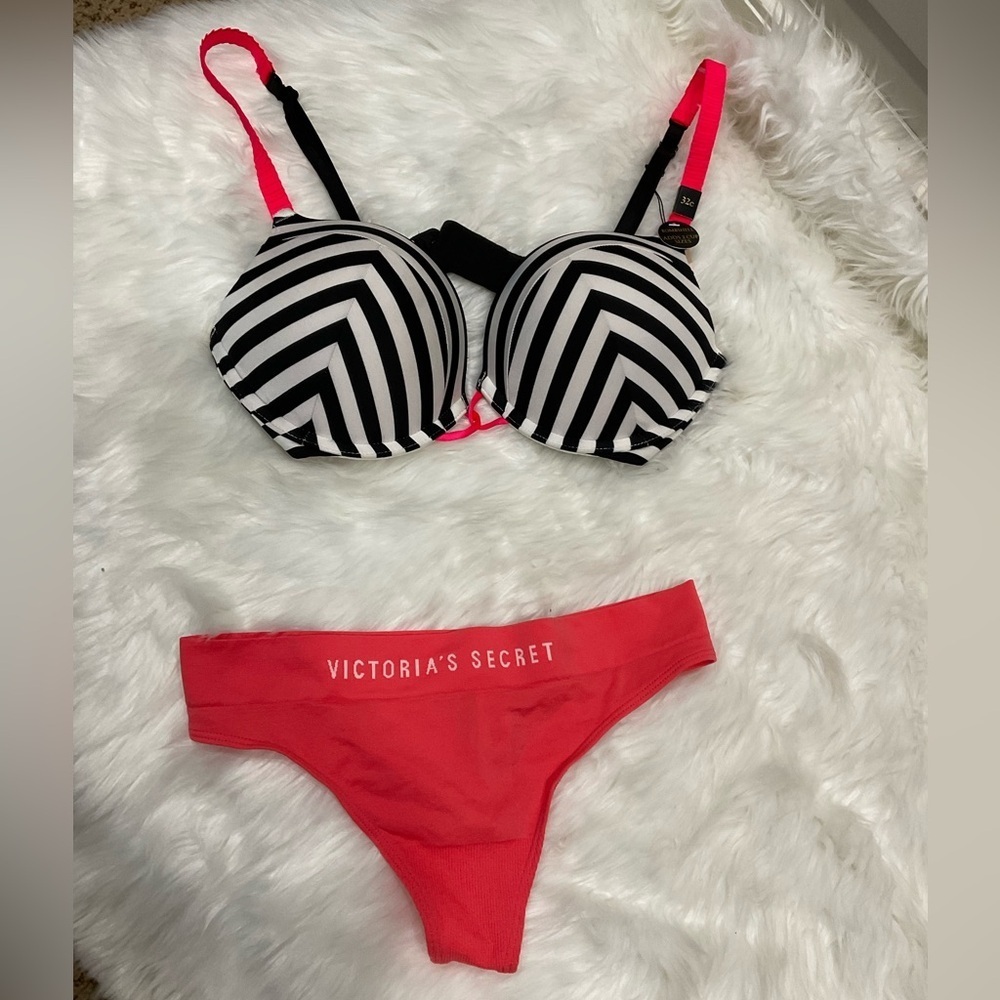 Bombshell Victoria's Secret Striped Bikini with Vibrant Orange Bottom
